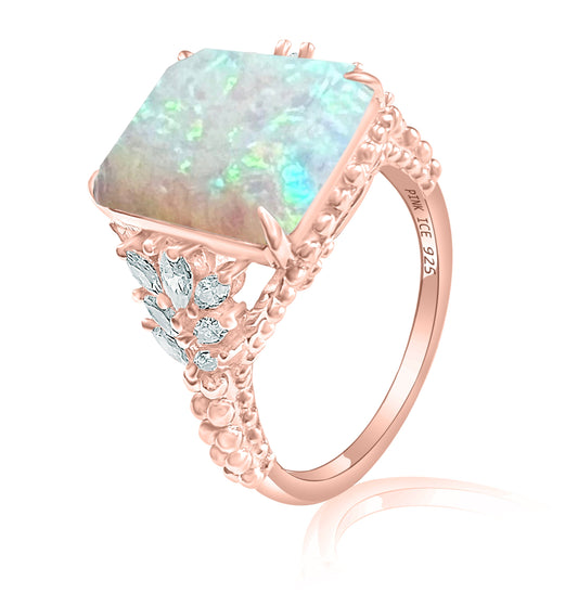*PRE-ORDER - White Fire Opal & CZ Beaded Shank 925 Sterling Silver Ring - Rose Gold