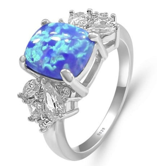 925 Sterling Silver Blue Lavender Lab Grown Fire Opal with Clear Cubic Zirconia Ring