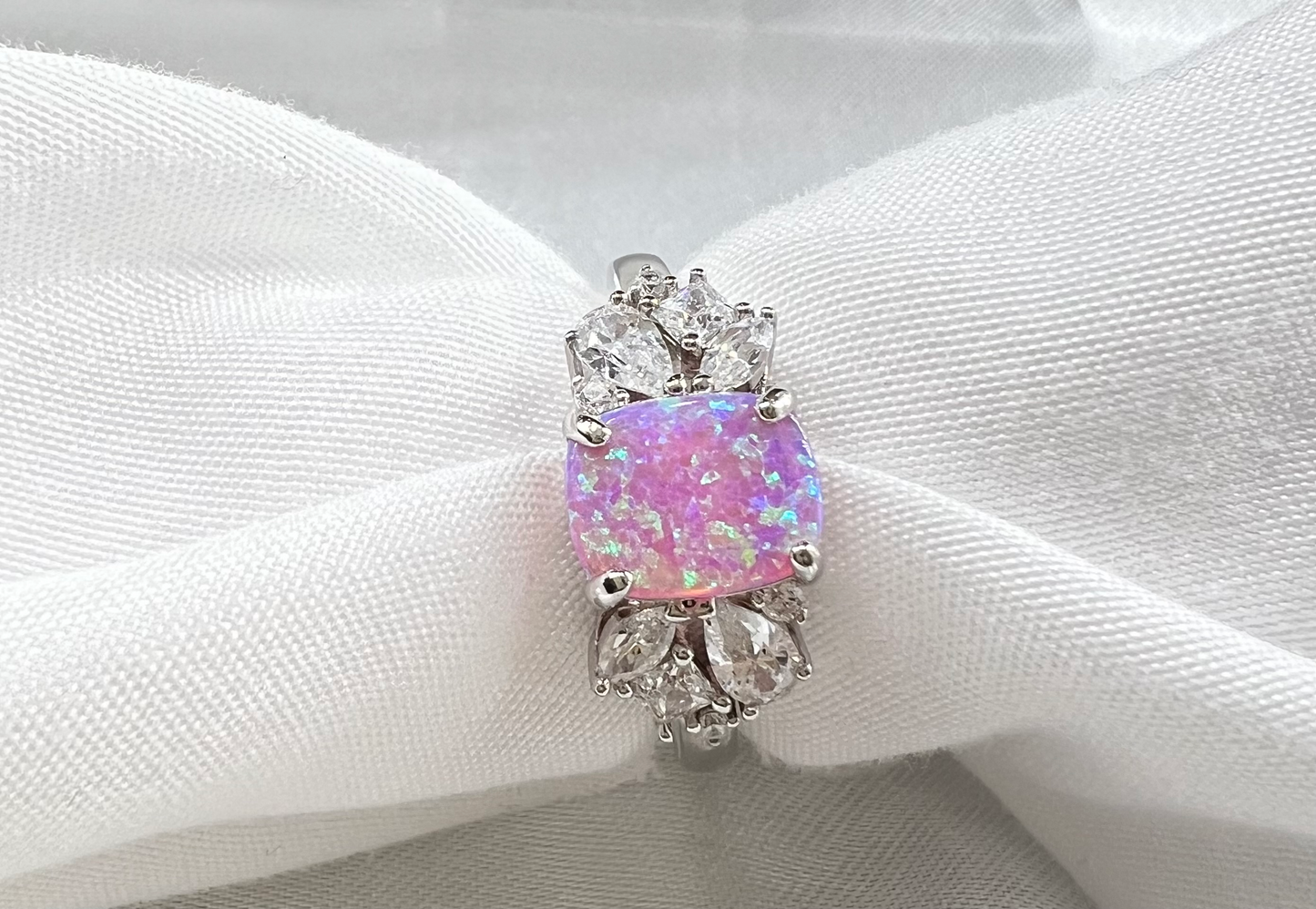 925 Sterling Silver Pink Lab Grown Fire Opal with Clear Cubic Zirconia Ring