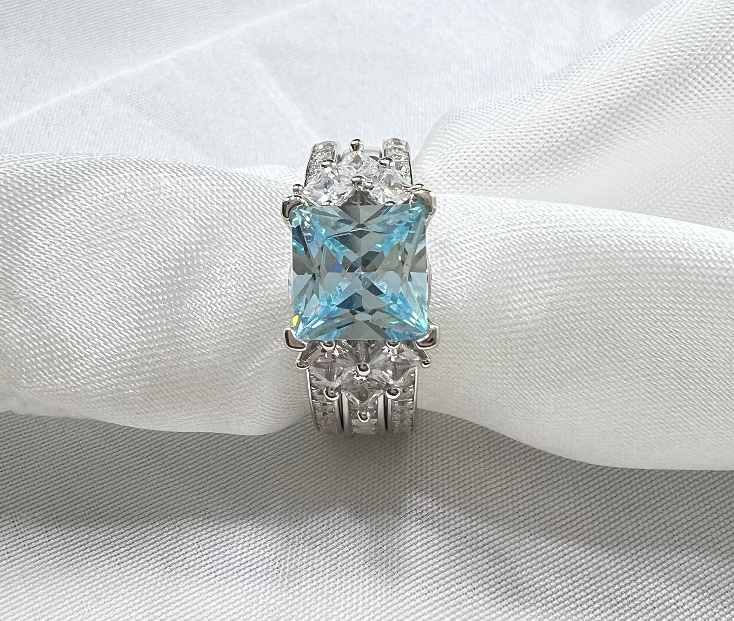 925 Sterling Silver Princess Cut, Aquamarine Diamond CZ Tri-Band Ring