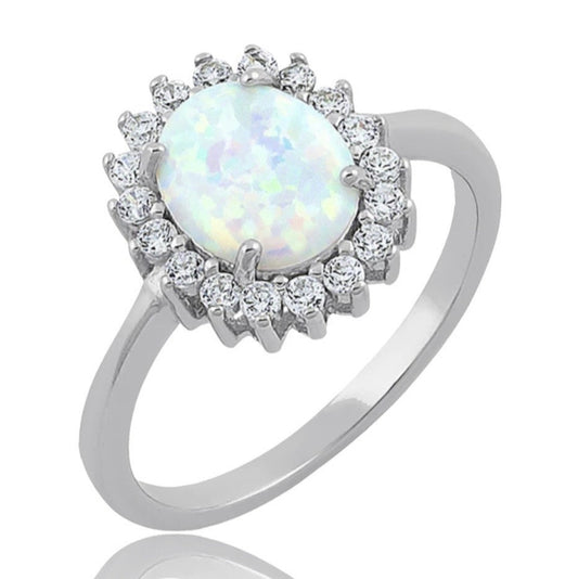 925 Sterling Silver Oval White Lab Opal with Clear CZ Ring