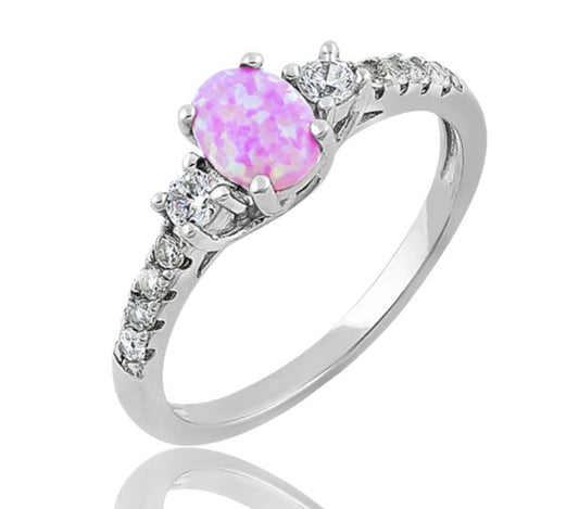 925 Sterling Silver Pink Lab Oval Opal with Clear CZ Ring