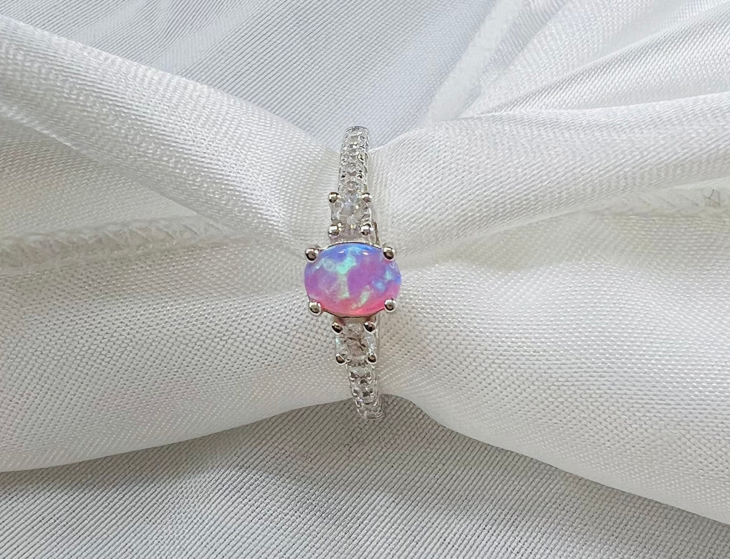925 Sterling Silver Pink Lab Oval Opal with Clear CZ Ring
