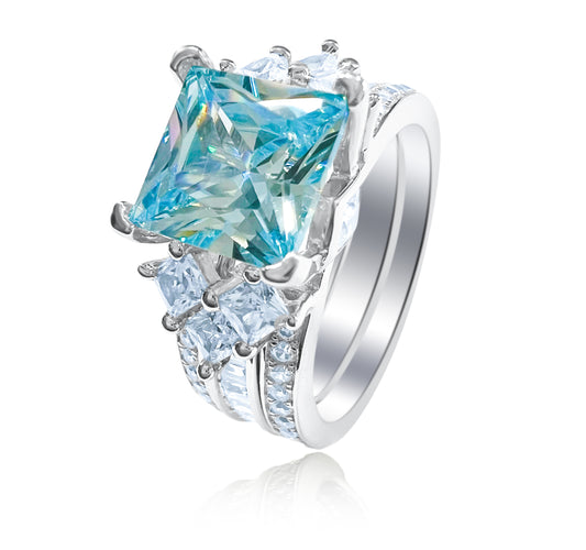 925 Sterling Silver Princess Cut, Aquamarine Diamond CZ Tri-Band Ring
