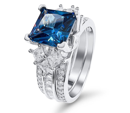 925 Sterling Silver Princess Cut, Blue Sapphire & Clear CZ Tri-Band Ring