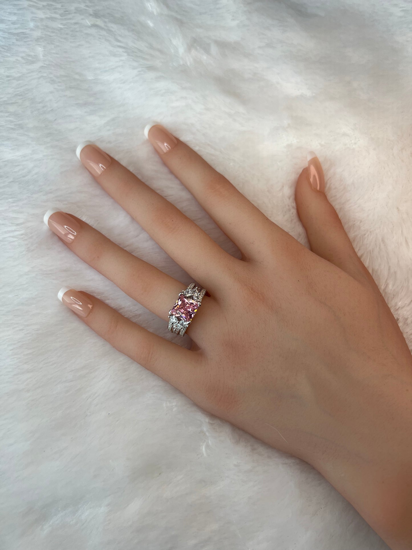 925 Sterling Silver Princess Cut, Pink Diamond CZ Tri-Band Ring