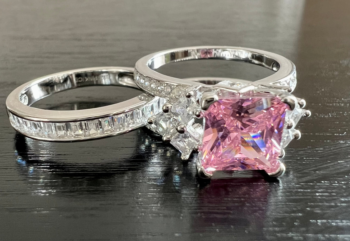 925 Sterling Silver Princess Cut, Pink Diamond CZ Tri-Band Ring