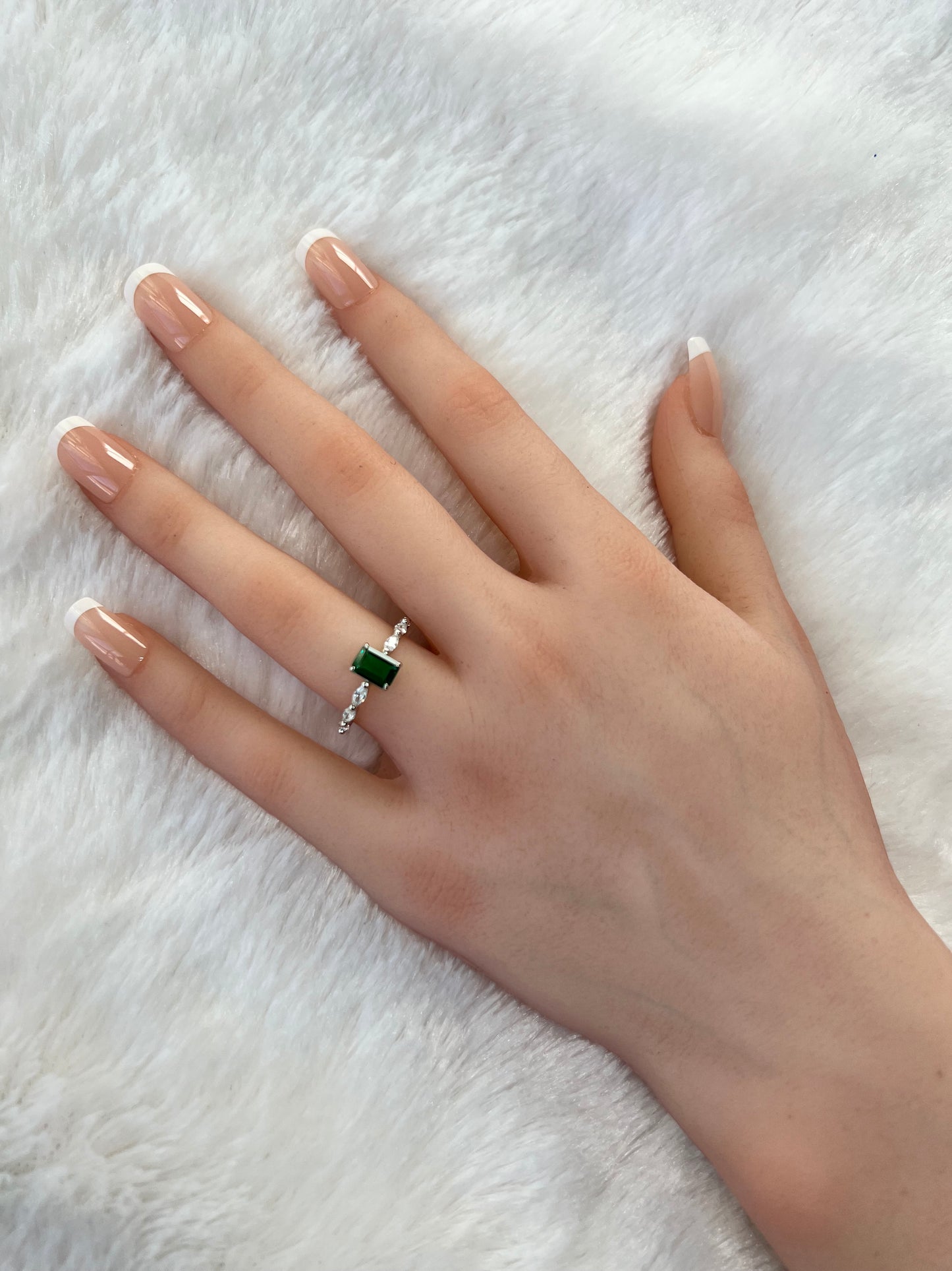 Dainty Sterling Silver Green & Clear Cubic Zirconia Baguette Engagement Ring