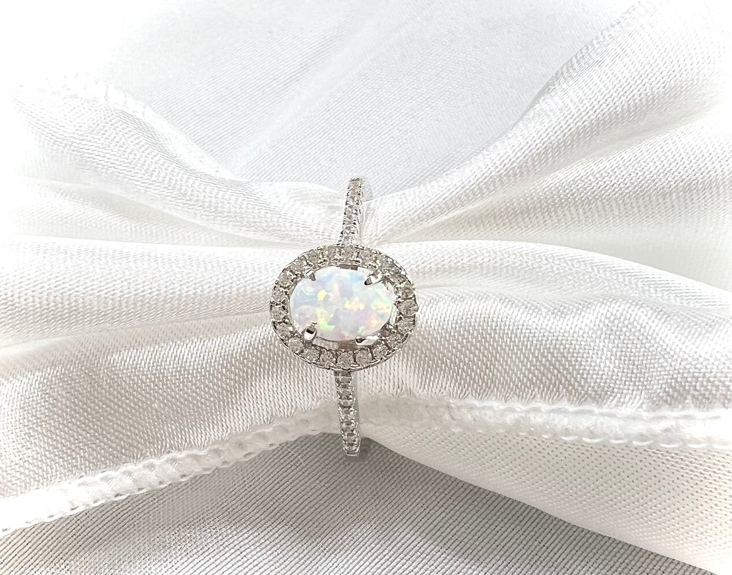 Dainty 925 Sterling Silver Oval Halo White Lab Opal with Clear CZ Ring