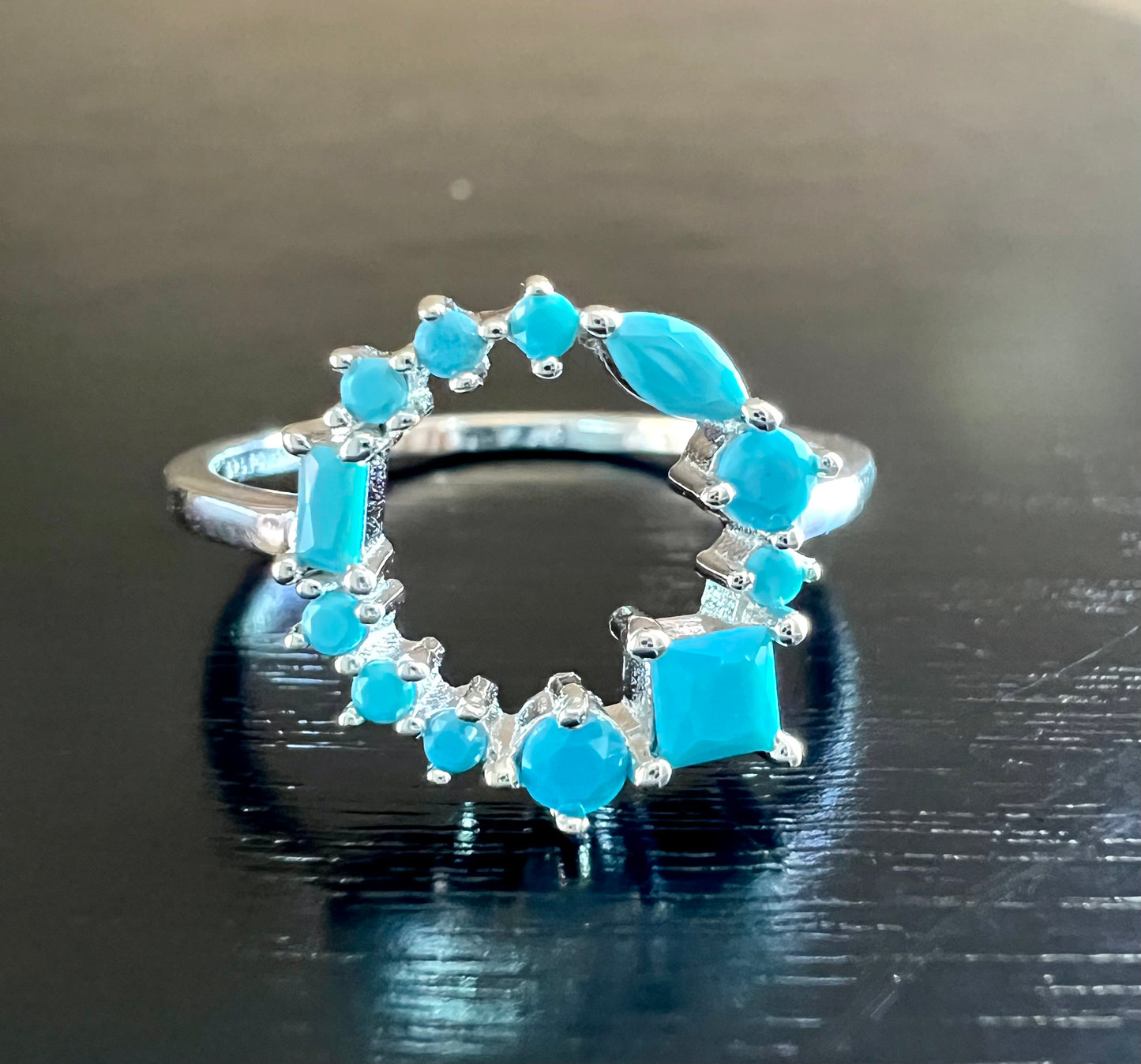Dainty 925 Sterling Silver Turquoise Nano Crystal Geometric Cluster Band Open Circle Ring
