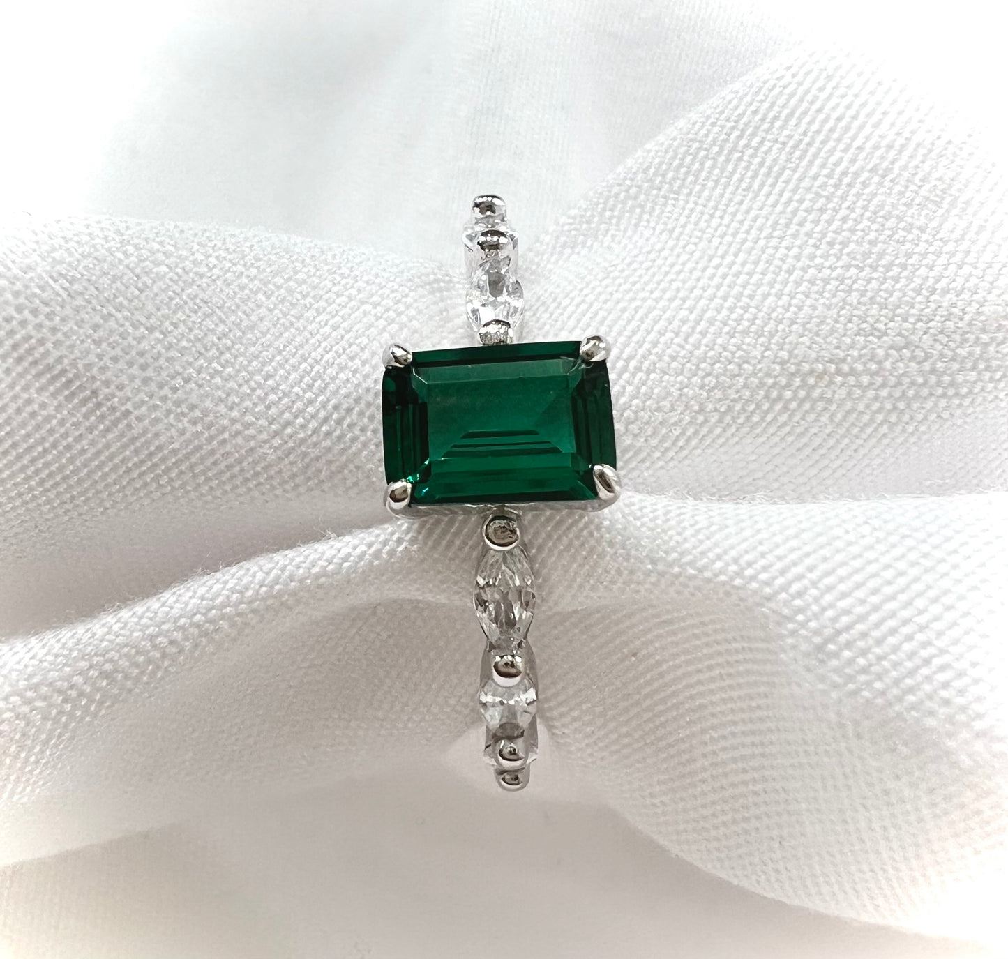 Dainty Sterling Silver Green & Clear Cubic Zirconia Baguette Engagement Ring