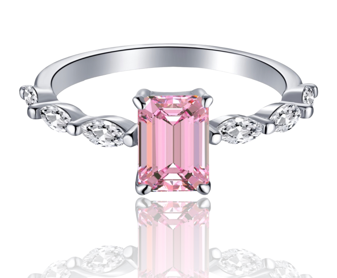 Dainty Sterling Silver Pink & Clear Cubic Zirconia Baguette Engagement Ring