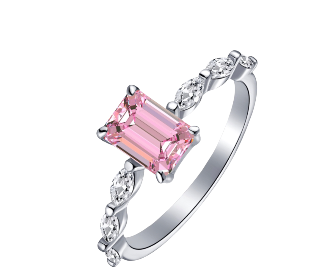 Dainty Sterling Silver Pink Clear Cubic Zirconia Baguette