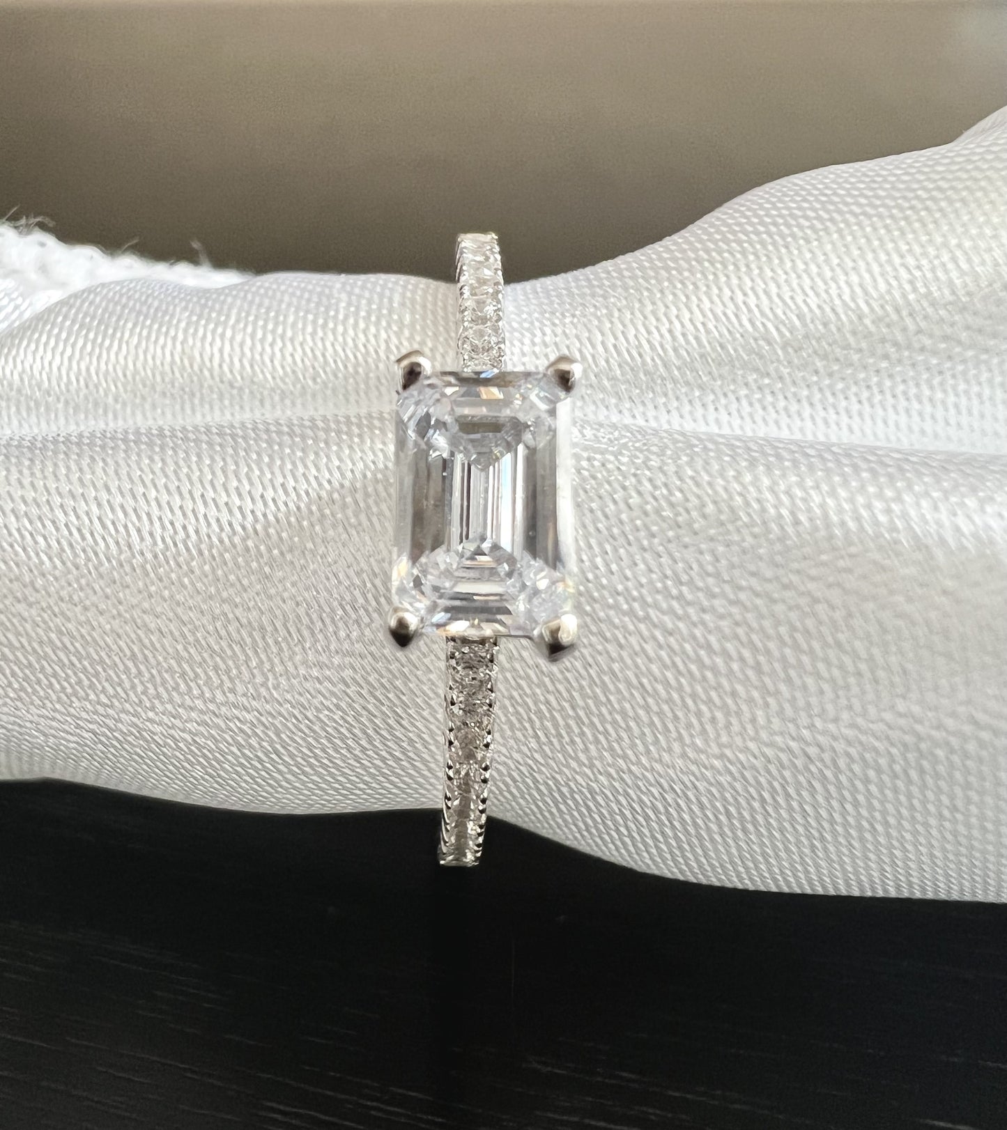 Dainty Sterling Silver Rectangle Shape Clear Cubic Zirconia Engagement Ring