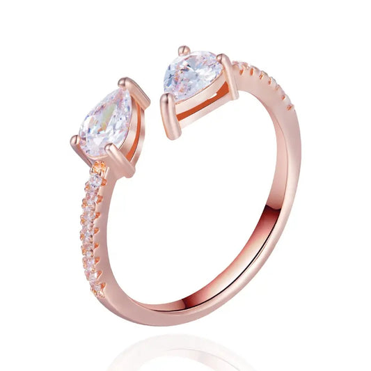 925 Sterling Silver Twin Pear Cubic Zirconia Open Ring on Rose Gold Plating