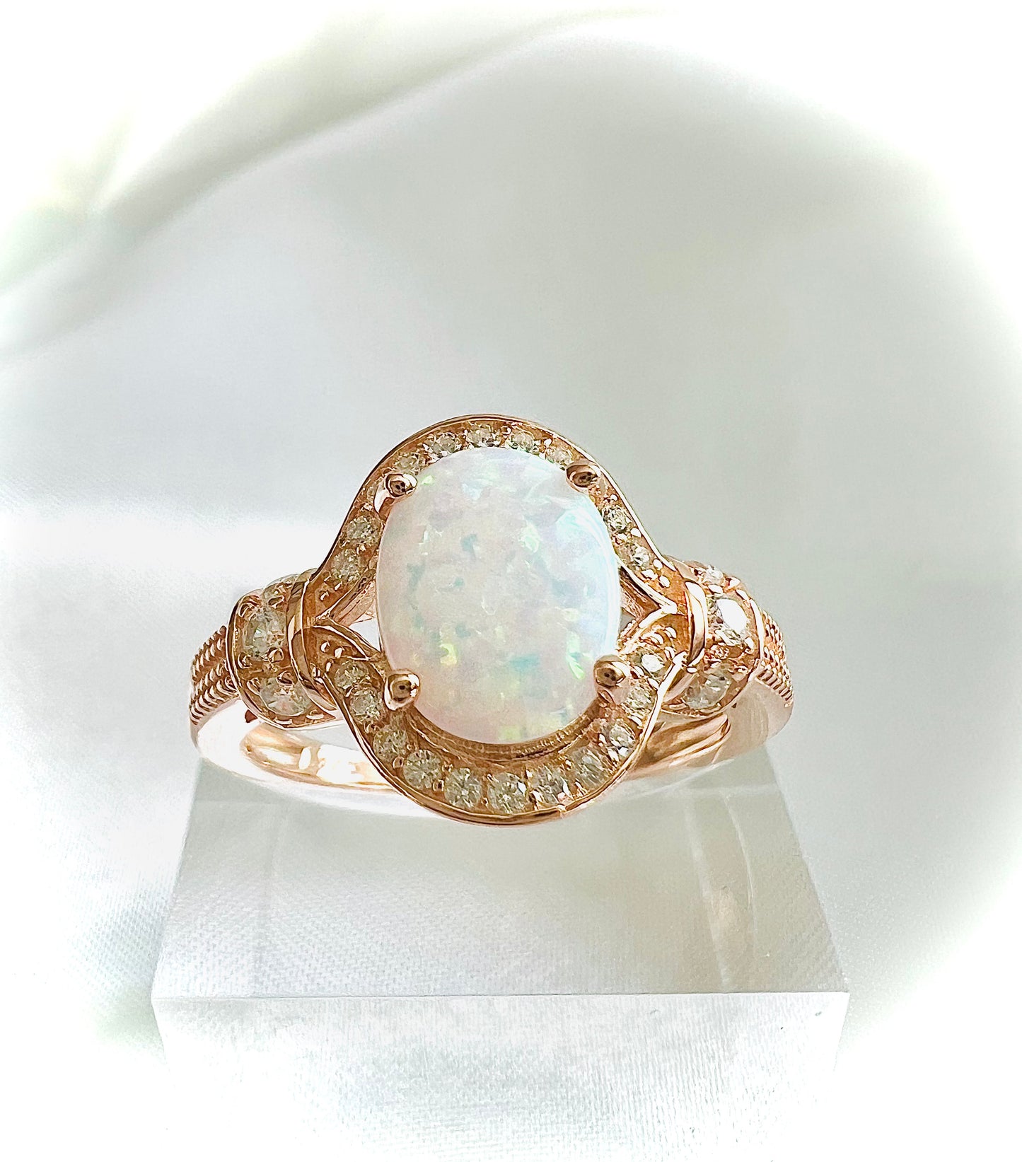 Elegant White Oval Opal & Cubic Zirconia Sterling Silver Ring on Rose Gold