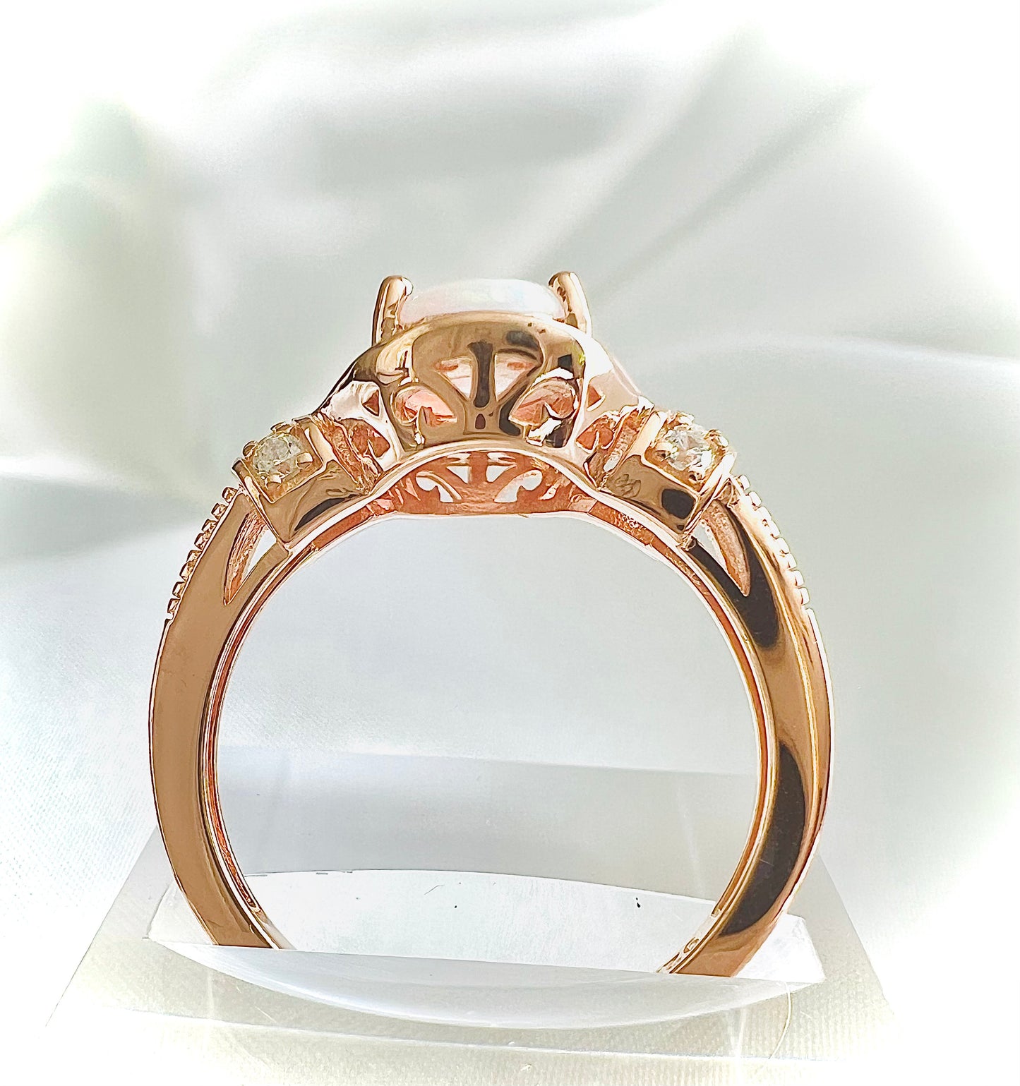 Elegant White Oval Opal & Cubic Zirconia Sterling Silver Ring on Rose Gold