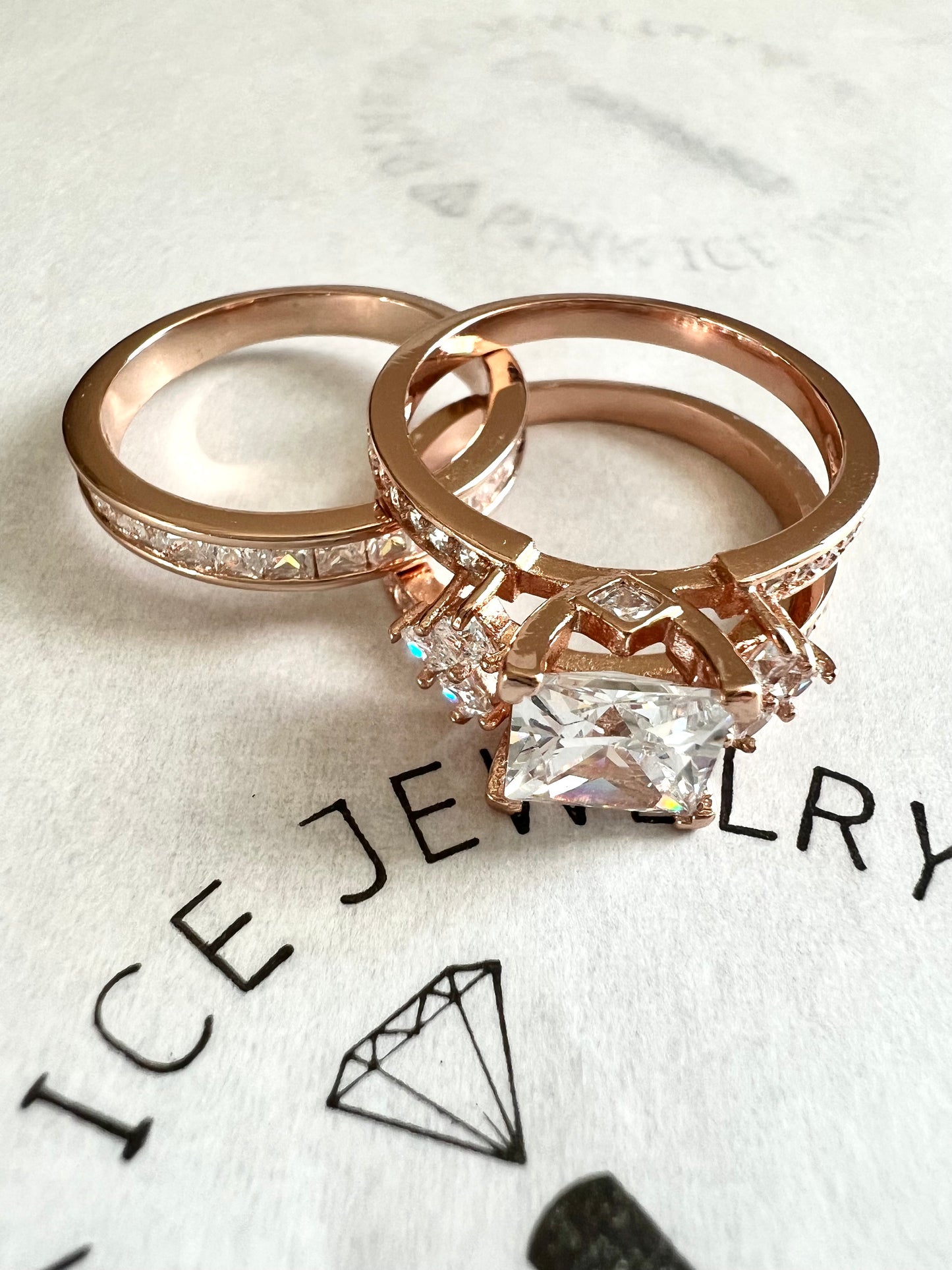 Princess Cut, Diamond CZ Engagement / Wedding Tri Band Ring on 18K Rose Gold