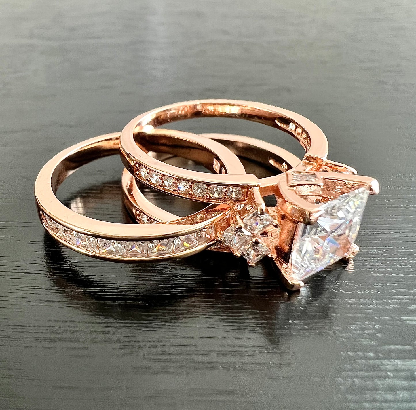 Princess Cut, Diamond CZ Engagement / Wedding Tri Band Ring on 18K Rose Gold