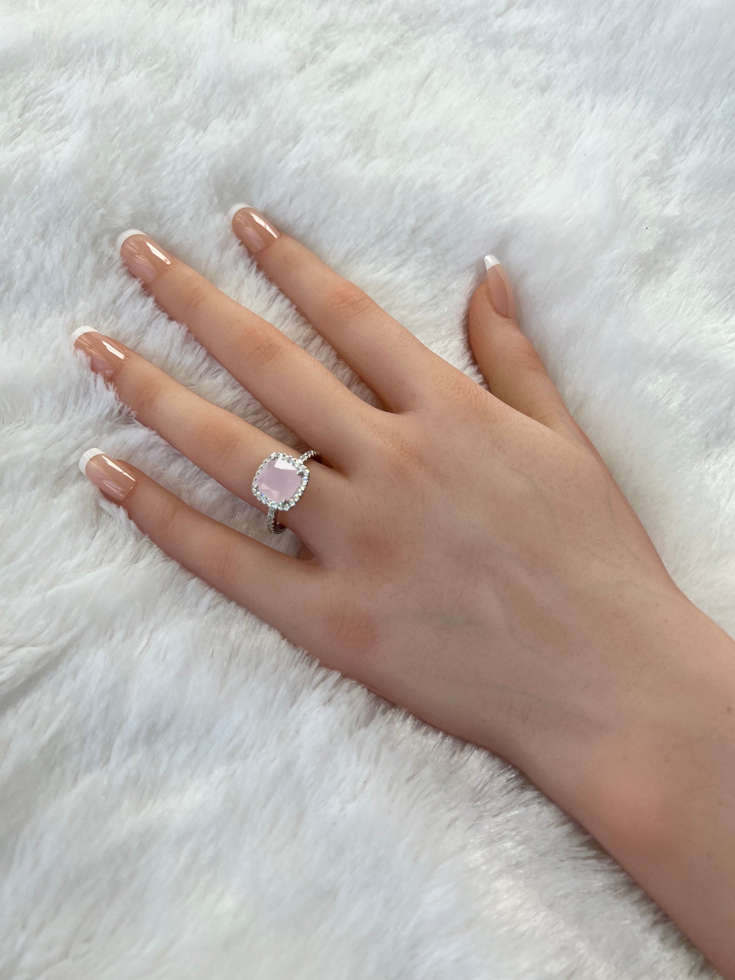 Misty Ice Pink Cubic Zirconia Cushion Cut High Setting Halo Ring in 925 Sterling Silver