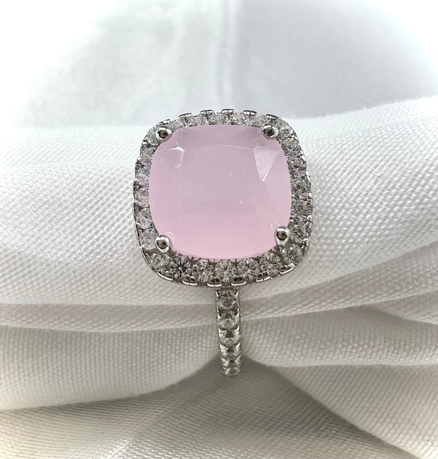 Misty Ice Pink Cubic Zirconia Cushion Cut High Setting Halo Ring in 925 Sterling Silver