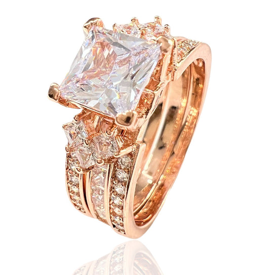 925 Sterling Silver Princess Cut, Diamond CZ Tri Band Ring on Rose Gold