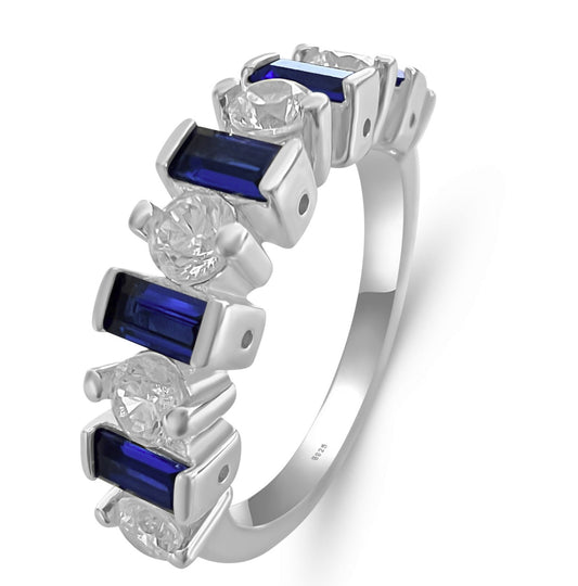 Sterling Silver Round & Baguette Blue Sapphire Cubic Zirconia Band