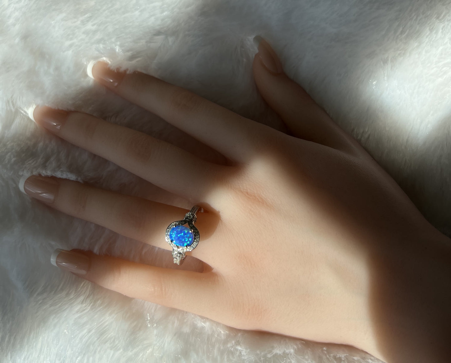 Elegant Blue Fire Oval Opal & Cubic Zirconia Ring Sterling Silver Ring