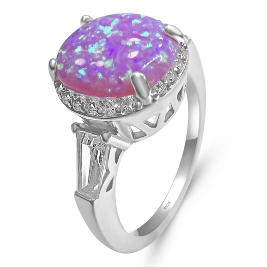 Sterling Silver Oval Pink Lab Grown Opal Cubic Zirconia Ring