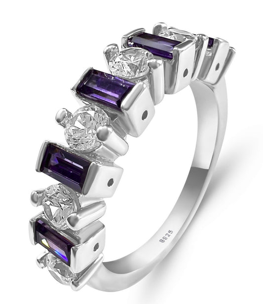 Sterling Silver Round & Baguette Amethyst Cubic Zirconia Band