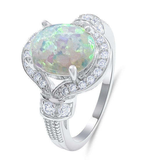 Elegant White Lab Grown Oval Opal & Cubic Zirconia Sterling Silver Ring