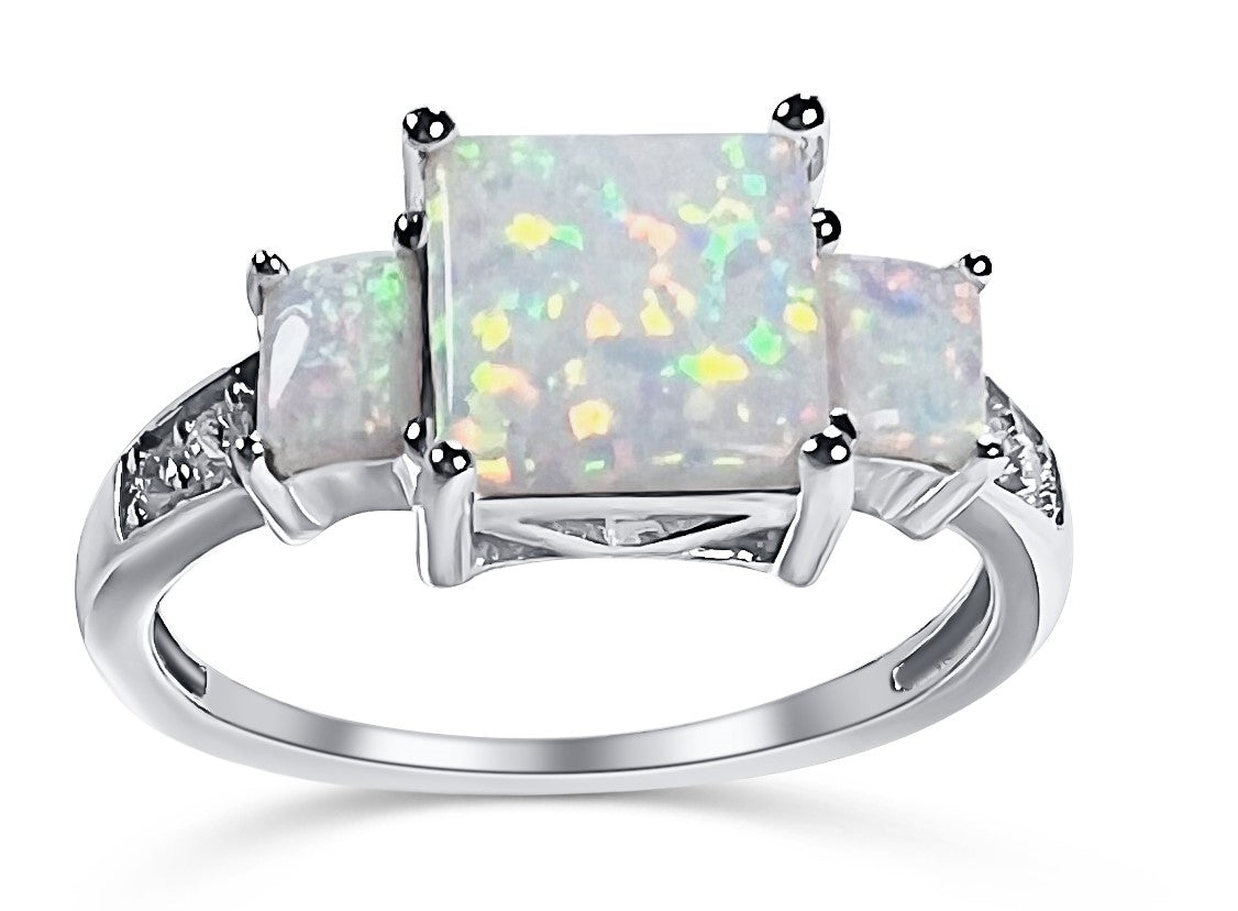 Sterling Silver White Triple Opal Square & Cubic Zirconia Ring