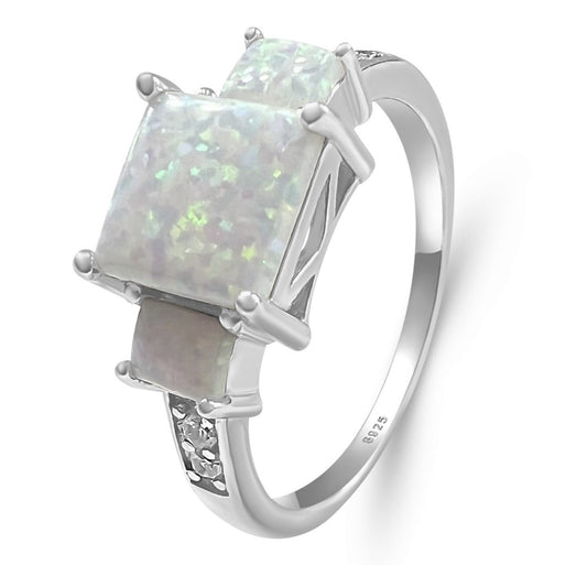 Sterling Silver White Triple Opal Square & Cubic Zirconia Ring