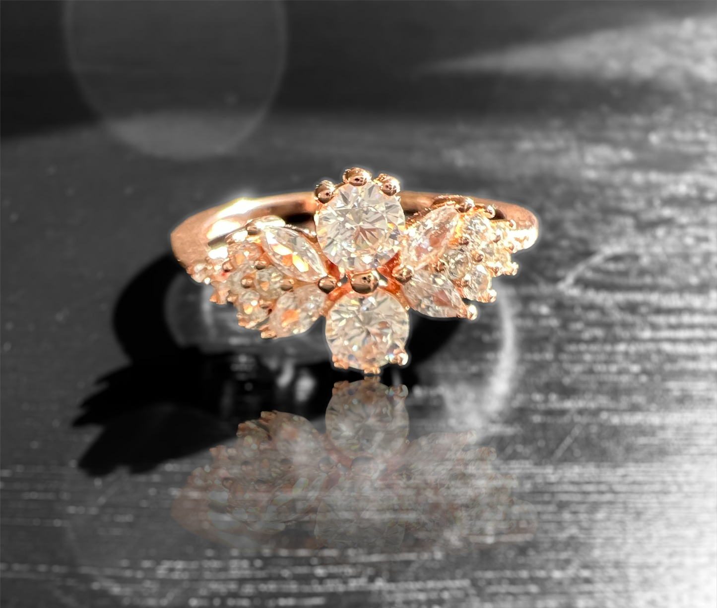 Sterling Silver Brilliant Butterfly Diamond Cubic Zirconia Ring on Rose Gold