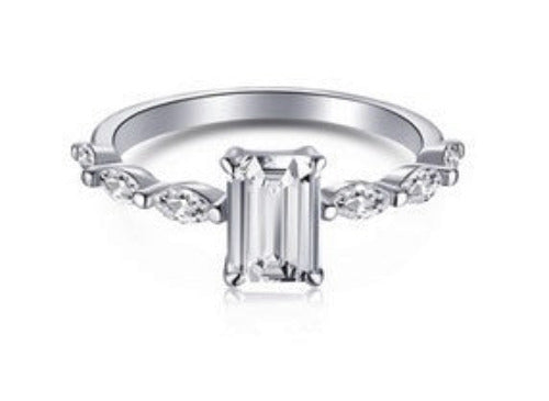 Dainty Sterling Silver Diamond Cubic Zirconia Baguette Engagement Ring