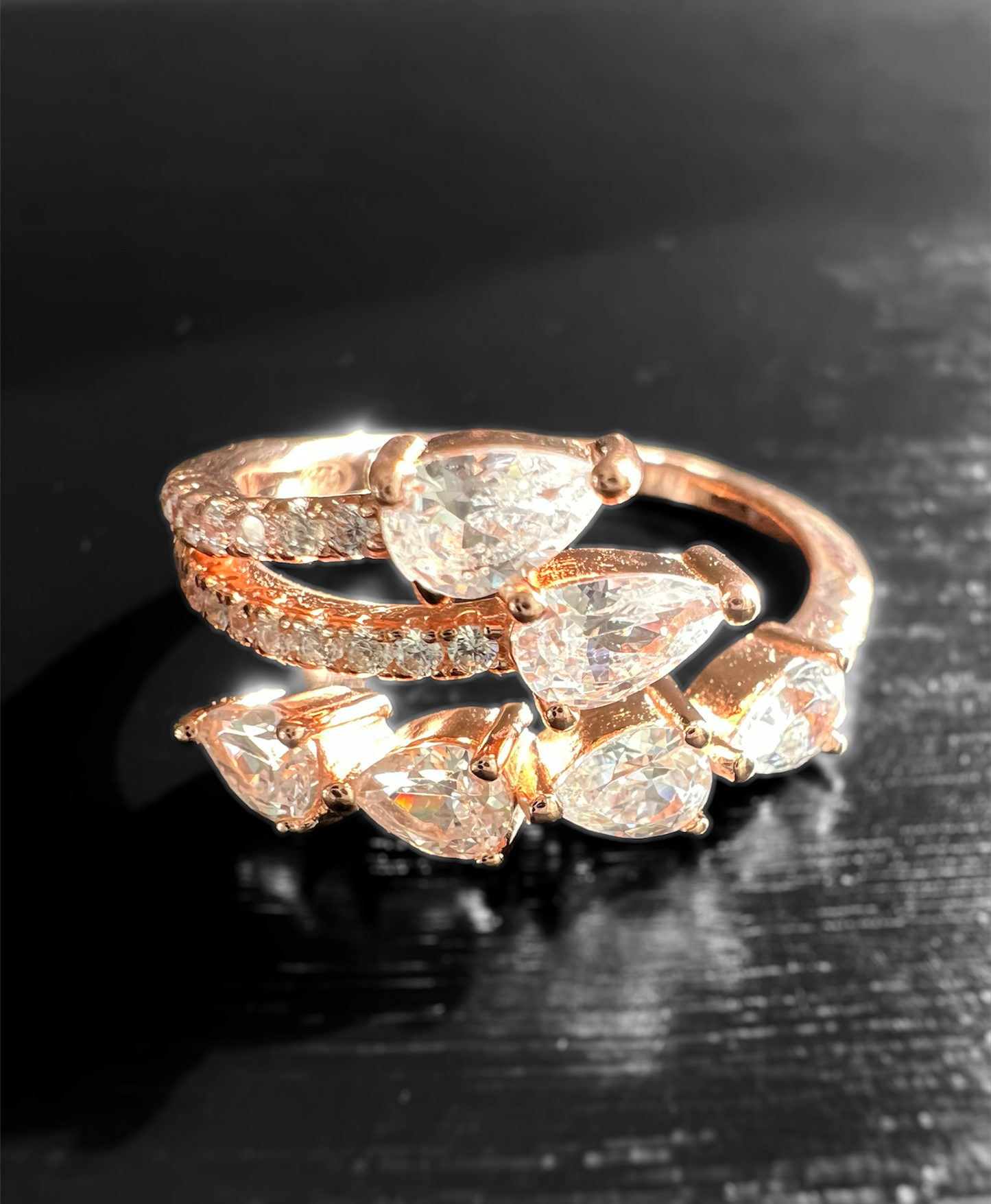 Sterling Silver Pear Cut Diamond with Pavé Cubic Zirconia Spiral Ring on Rose Gold