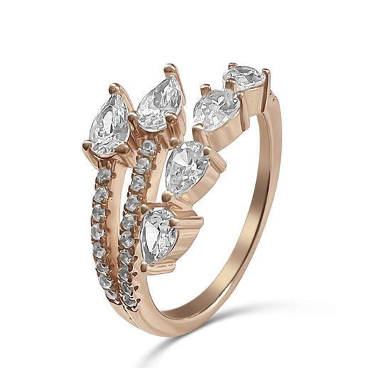 Sterling Silver Pear Cut Diamond with Pavé Cubic Zirconia Spiral Ring on Rose Gold