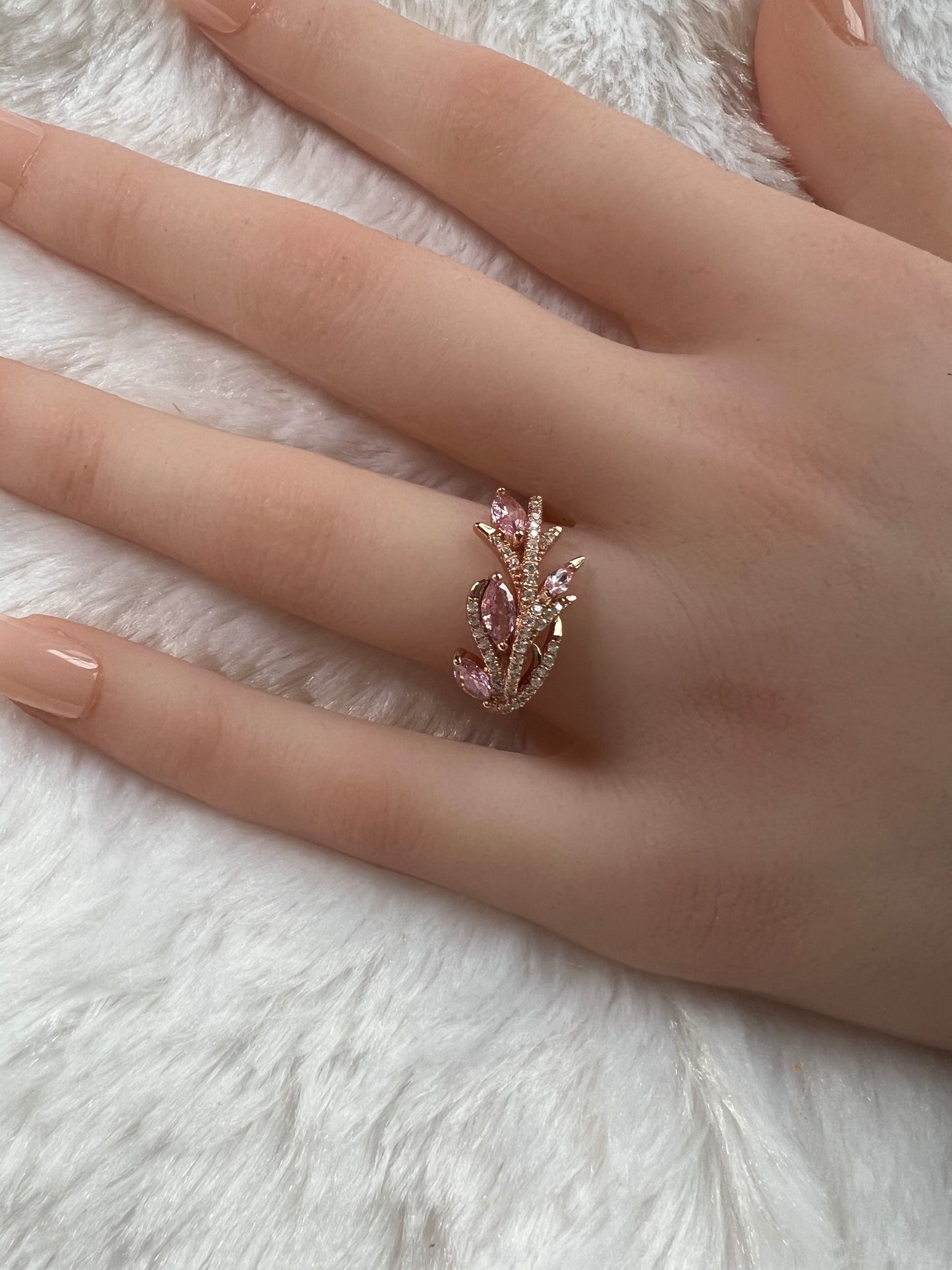 Elegant Sterling Silver Pink Ivy Diamond Cubic Zirconia Ring on Rose Gold