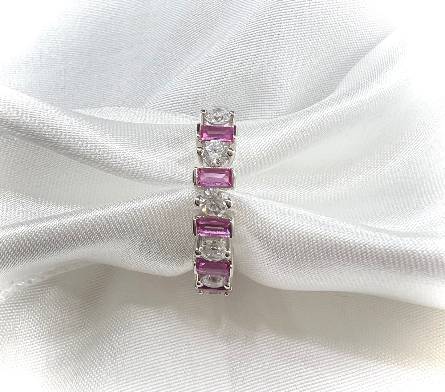 Sterling Silver Round & Baguette Pink Cubic Zirconia Band