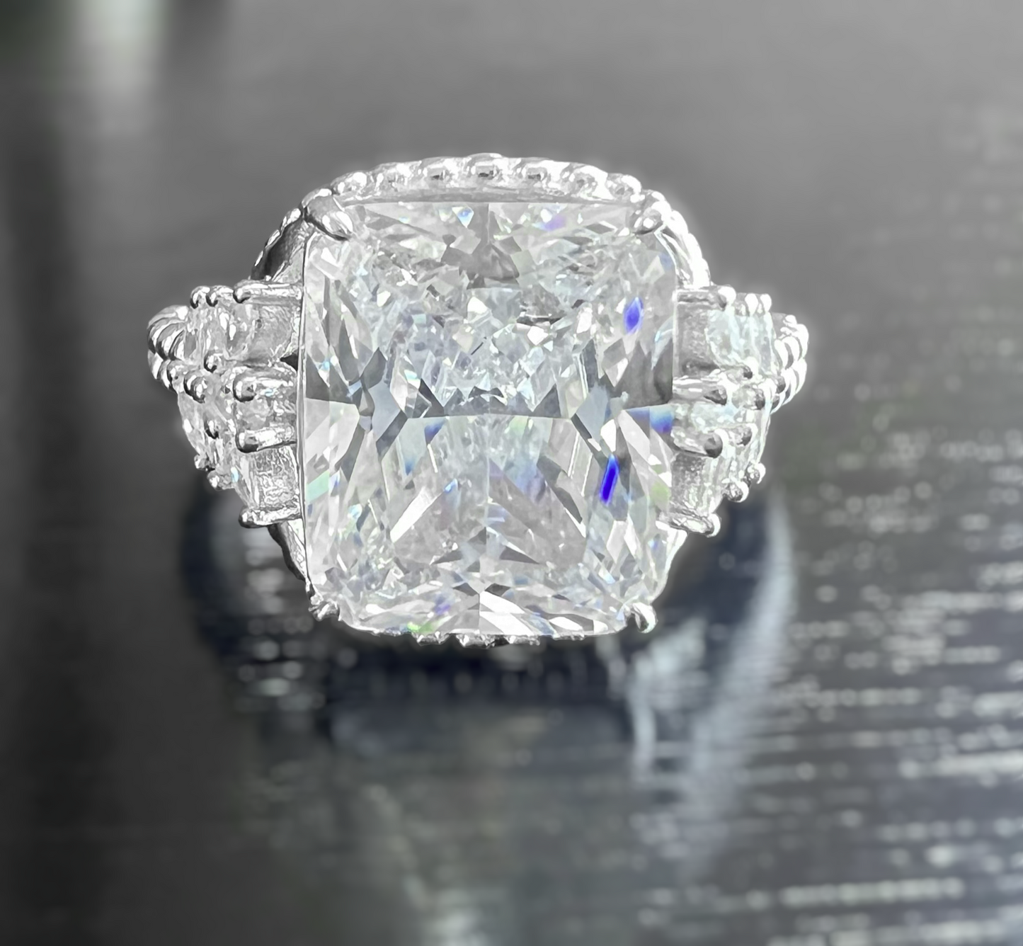 925 Sterling Silver Diamond CZ Beaded Shank Ring