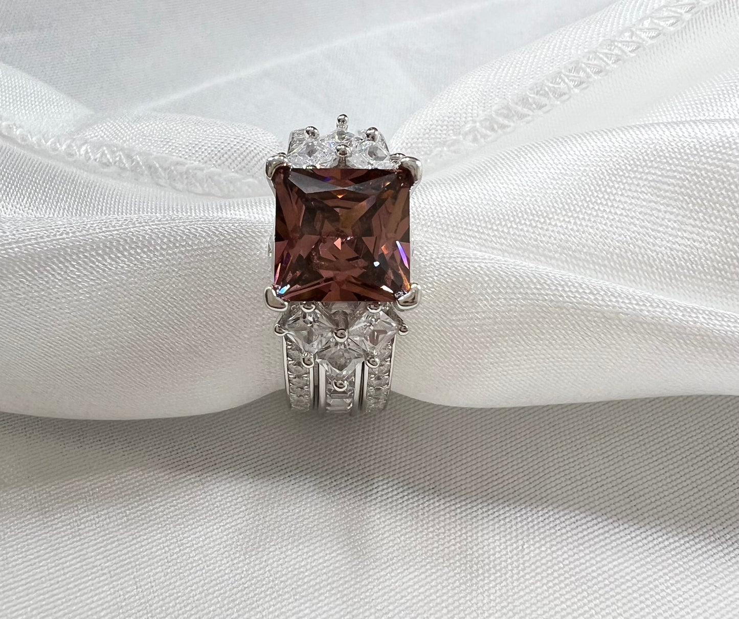 *PRE-ORDER - 925 Sterling Silver Princess Cut, Light Rhodolite Diamond CZ Tri-Band Ring