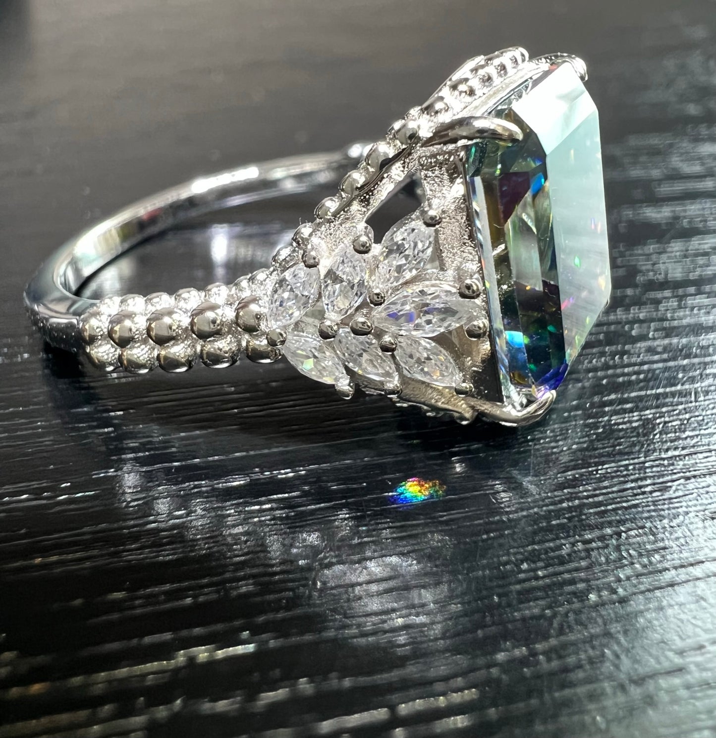 Emerald-Cut Rainbow Topaz Beaded Shank 925 Sterling Silver Ring