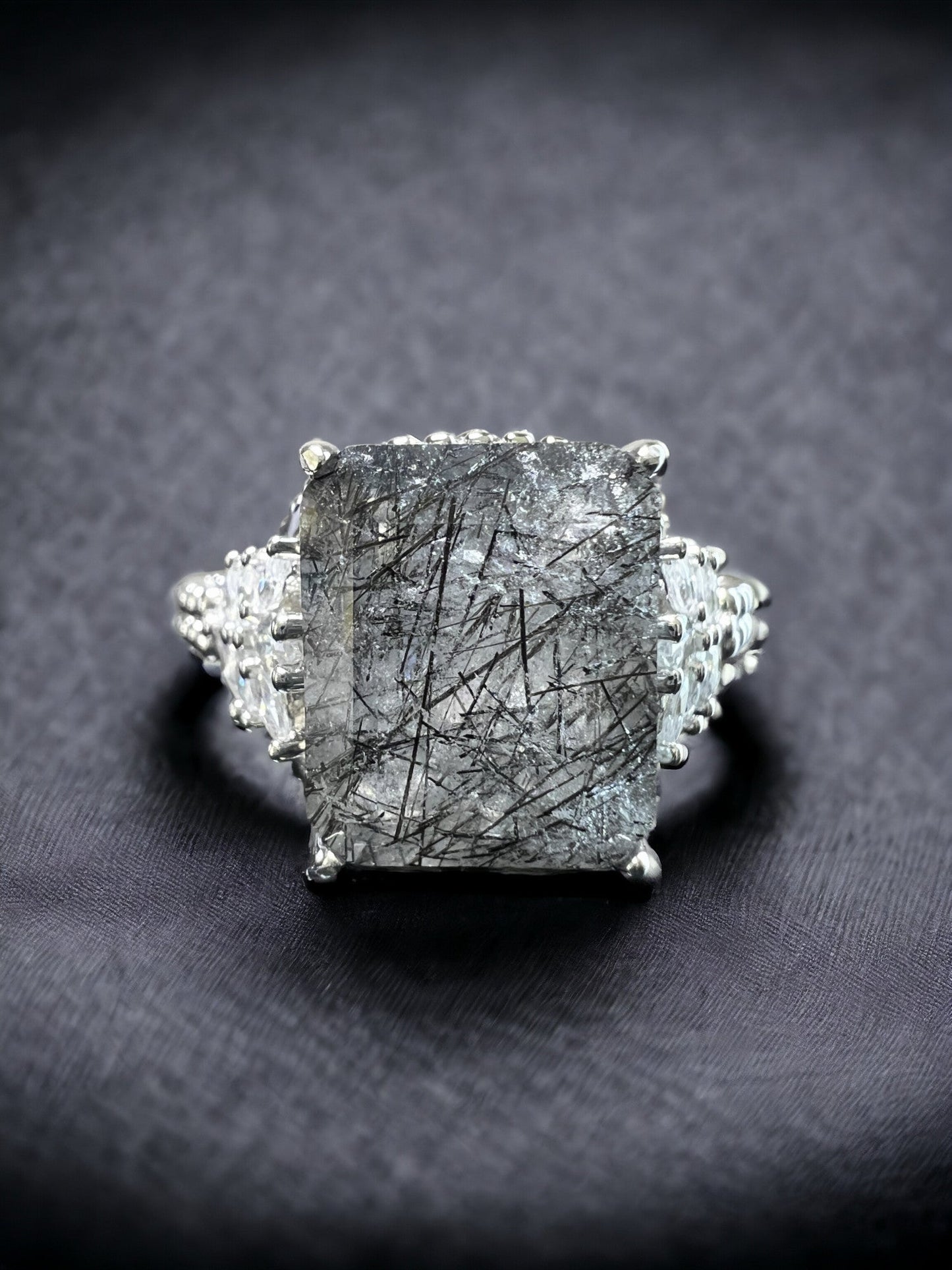 925 Sterling Silver Black Rutilated Quartz Beaded Shank Ring