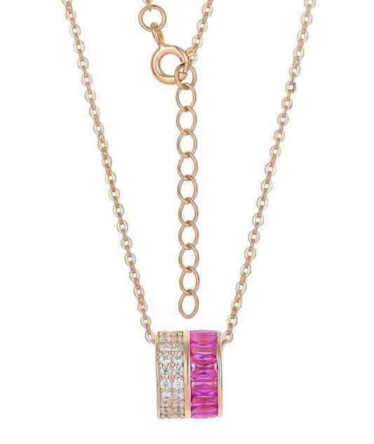 925 Sterling Silver Cylinder Diamond CZ & Ruby Baguette Pendant Necklace on Rose Gold
