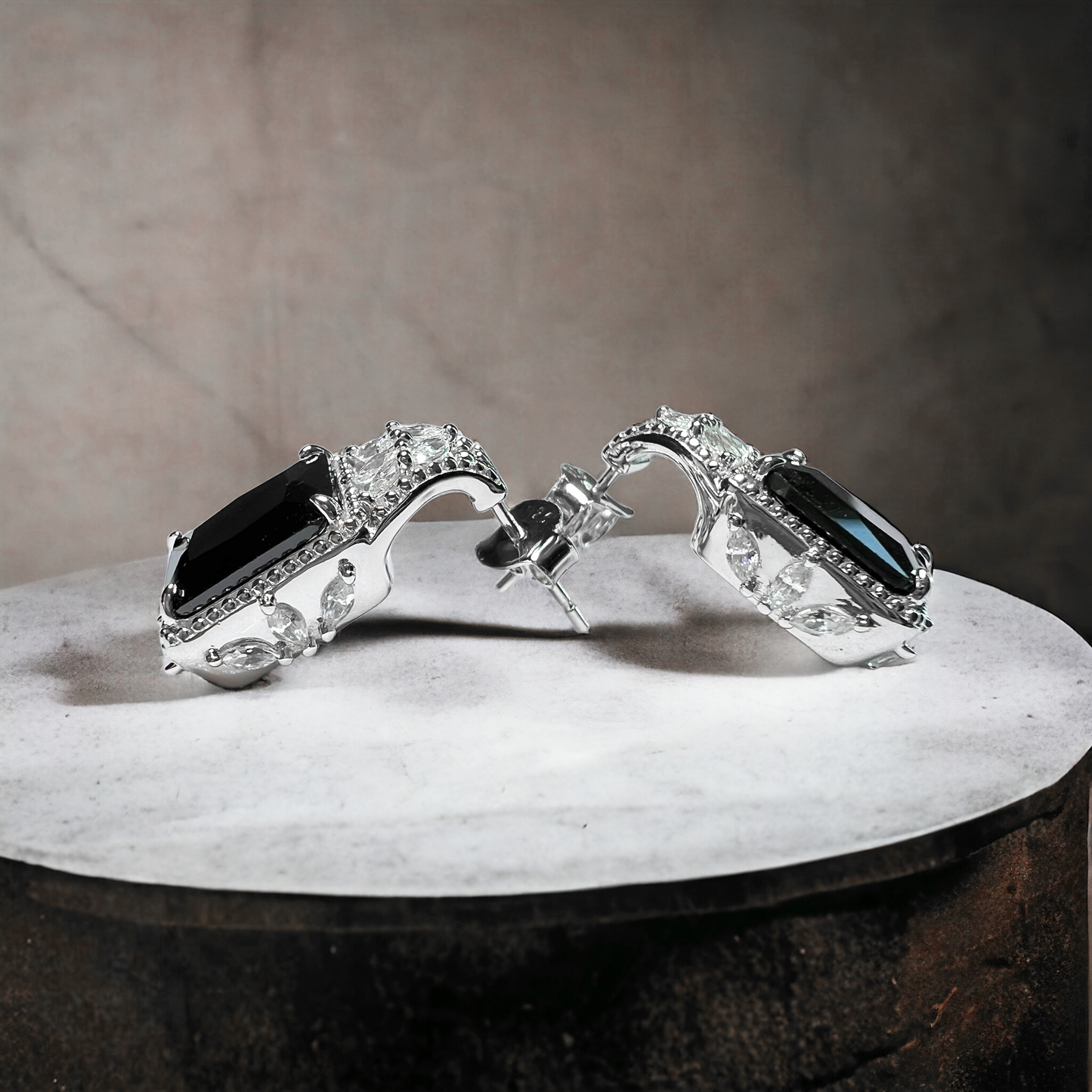 925 Sterling Silver Emerald-Cut Black Onyx Beaded Earrings