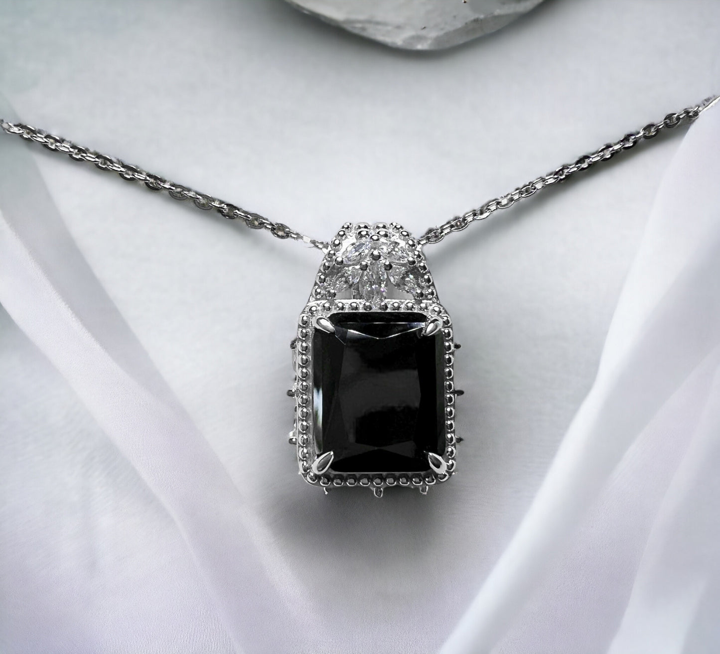 925 Sterling Silver Emerald-Cut Black Onyx Beaded Pendant Necklace