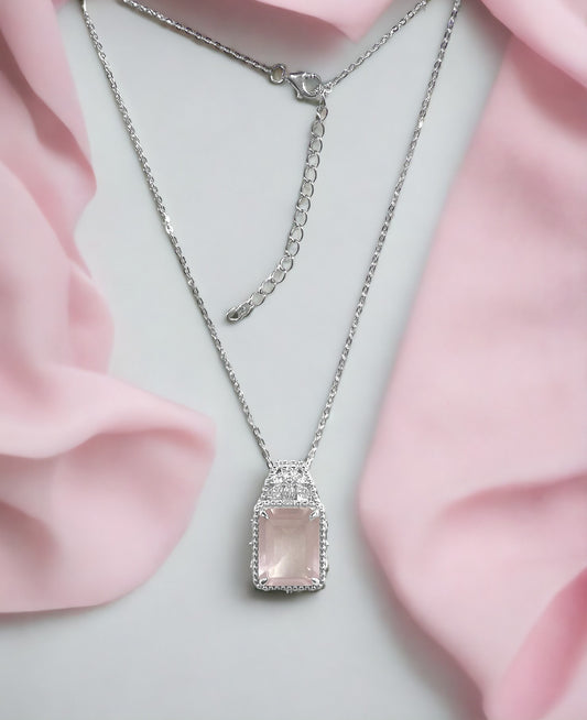 925 Sterling Silver Emerald-Cut Genuine Rose Quartz Beaded Pendant Necklace