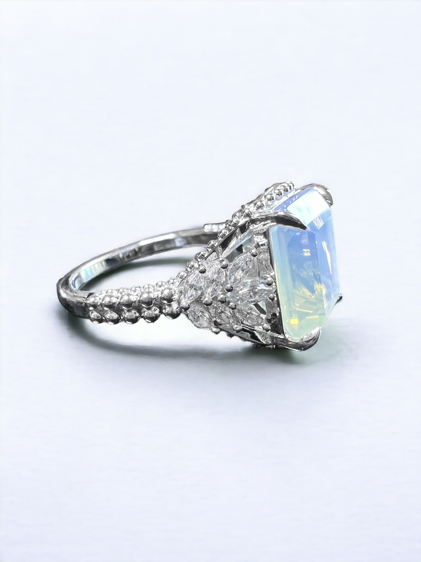 925 Sterling Silver Emerald Cut White Moonstone Beaded Shank Ring