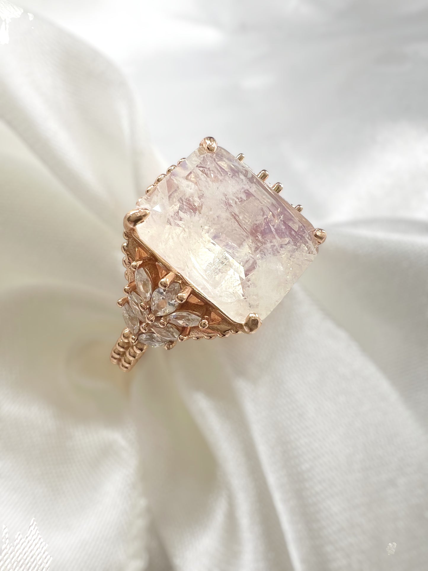 925 Sterling Silver Genuine White Moonstone Beaded Shank Ring on Rose Gold