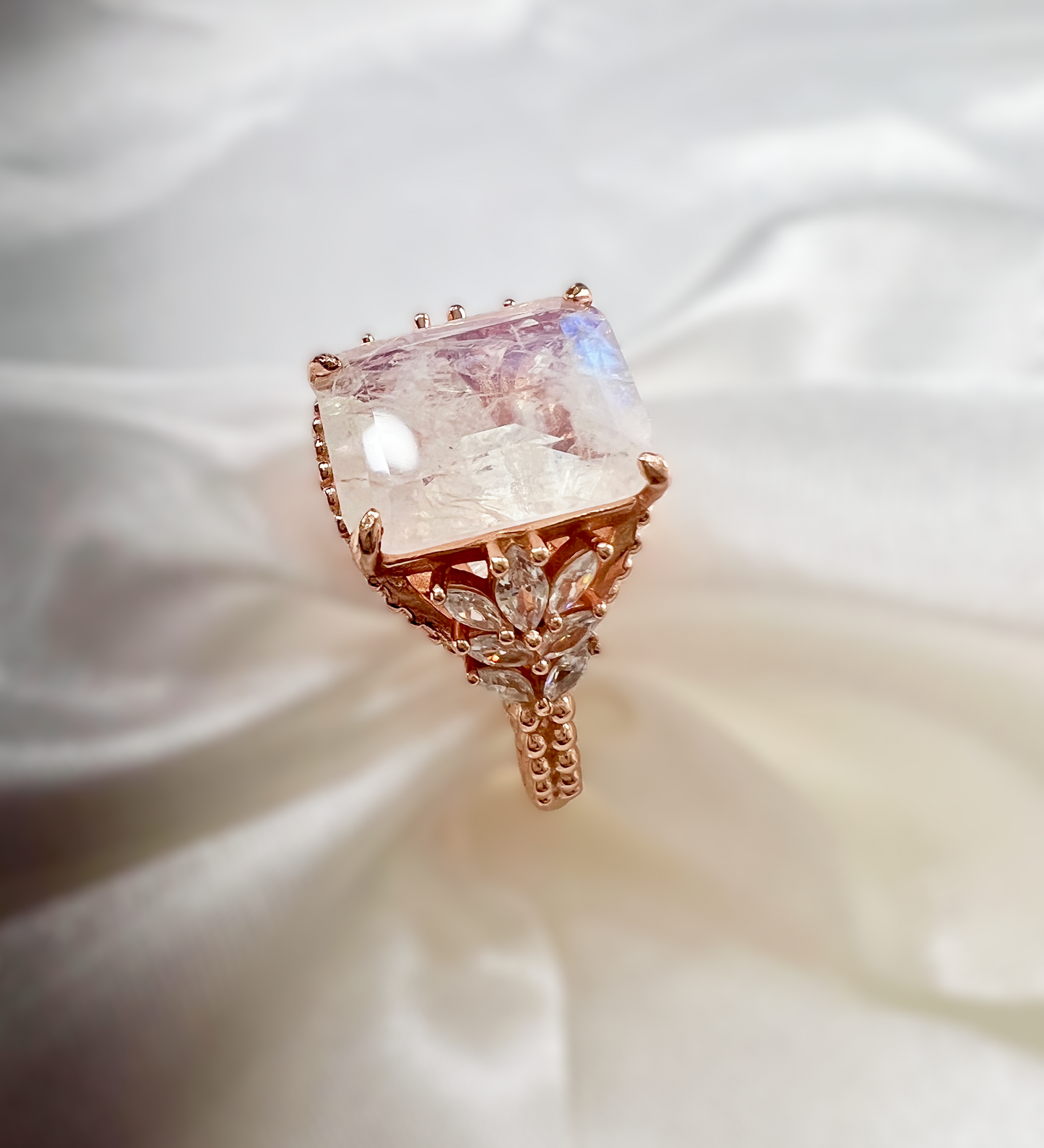 925 Sterling Silver Genuine White Moonstone Beaded Shank Ring on Rose Gold